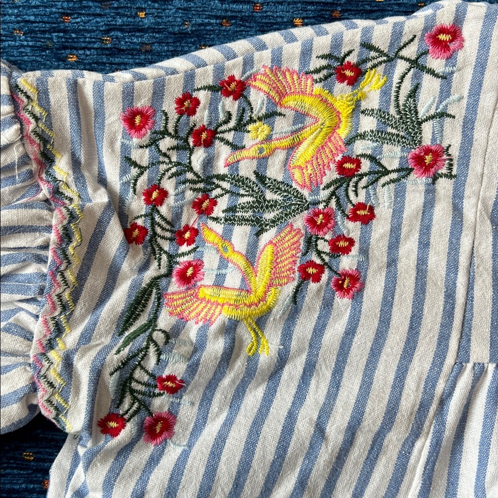 Blue and White Striped Embroidered Peasant Top - Picture 4 of 12